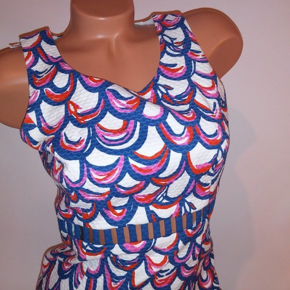 Lilly Pulitzer Dress Size 4 Sheath White Blue Red Pink Textured Scoop Neck Sleev - Picture 5 of 15